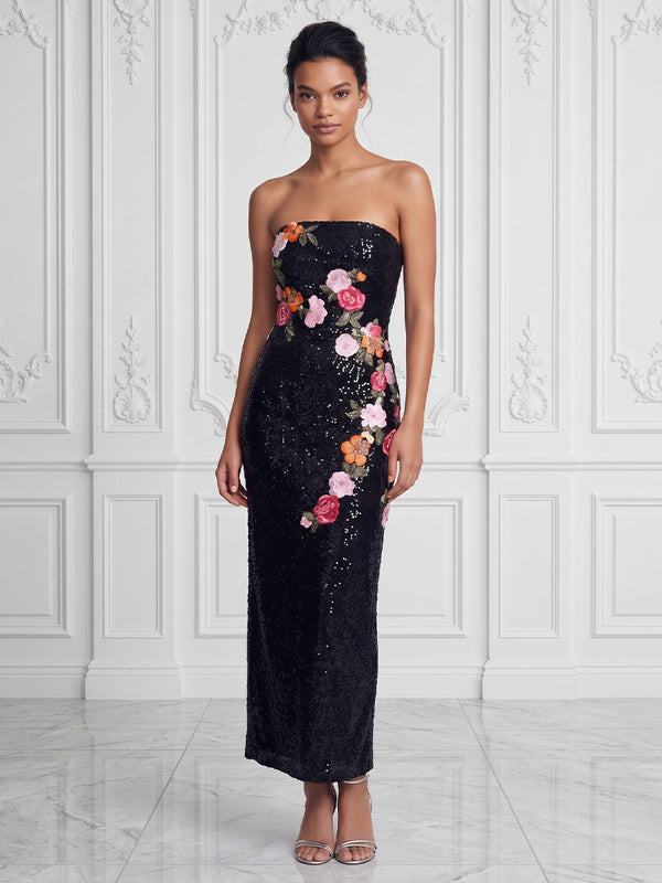 Sequin Sheath/Column Strapless Tea-Length Cocktail Dresses with Floral Embroidery
