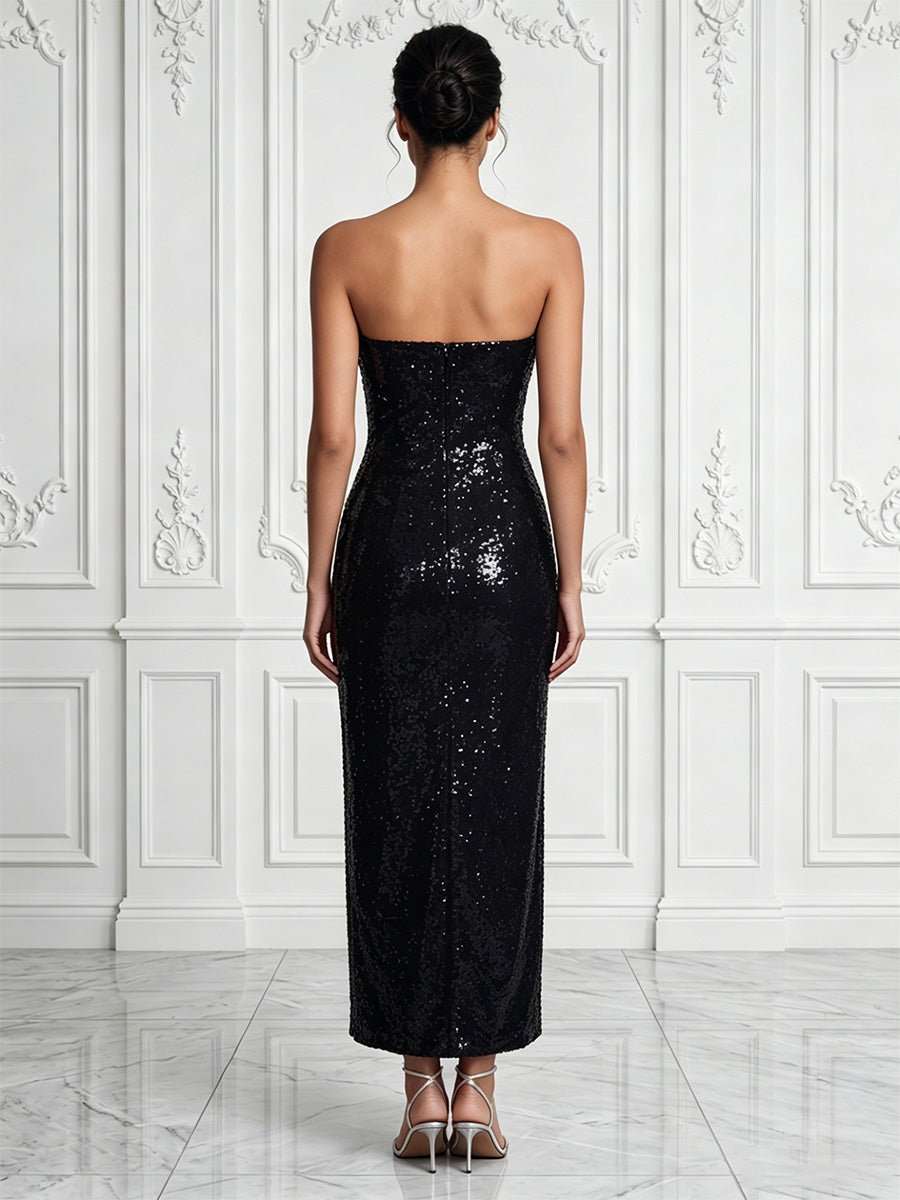 Sequin Sheath/Column Strapless Tea-Length Cocktail Dresses with Floral Embroidery