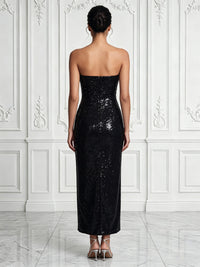 Sequin Sheath/Column Strapless Tea-Length Cocktail Dresses with Floral Embroidery