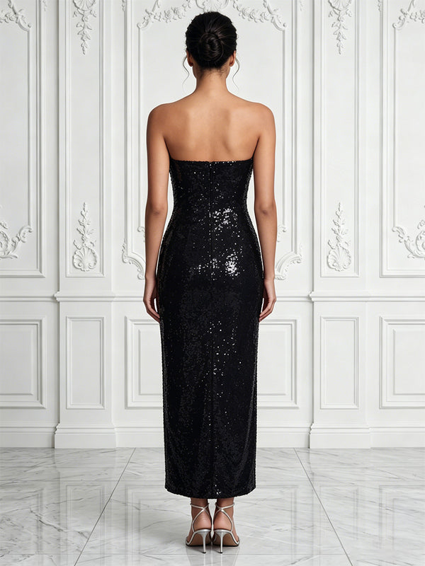 Sequin Sheath/Column Strapless Tea-Length Cocktail Dresses with Floral Embroidery