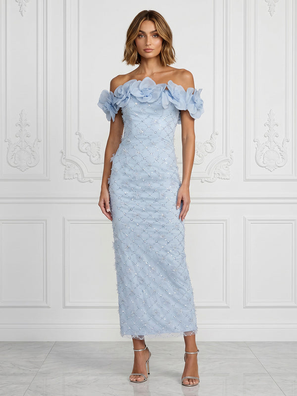 Sequin Sheath/Column Off Shoulder Tea-Length Cocktail Dresses with 3D Flowers