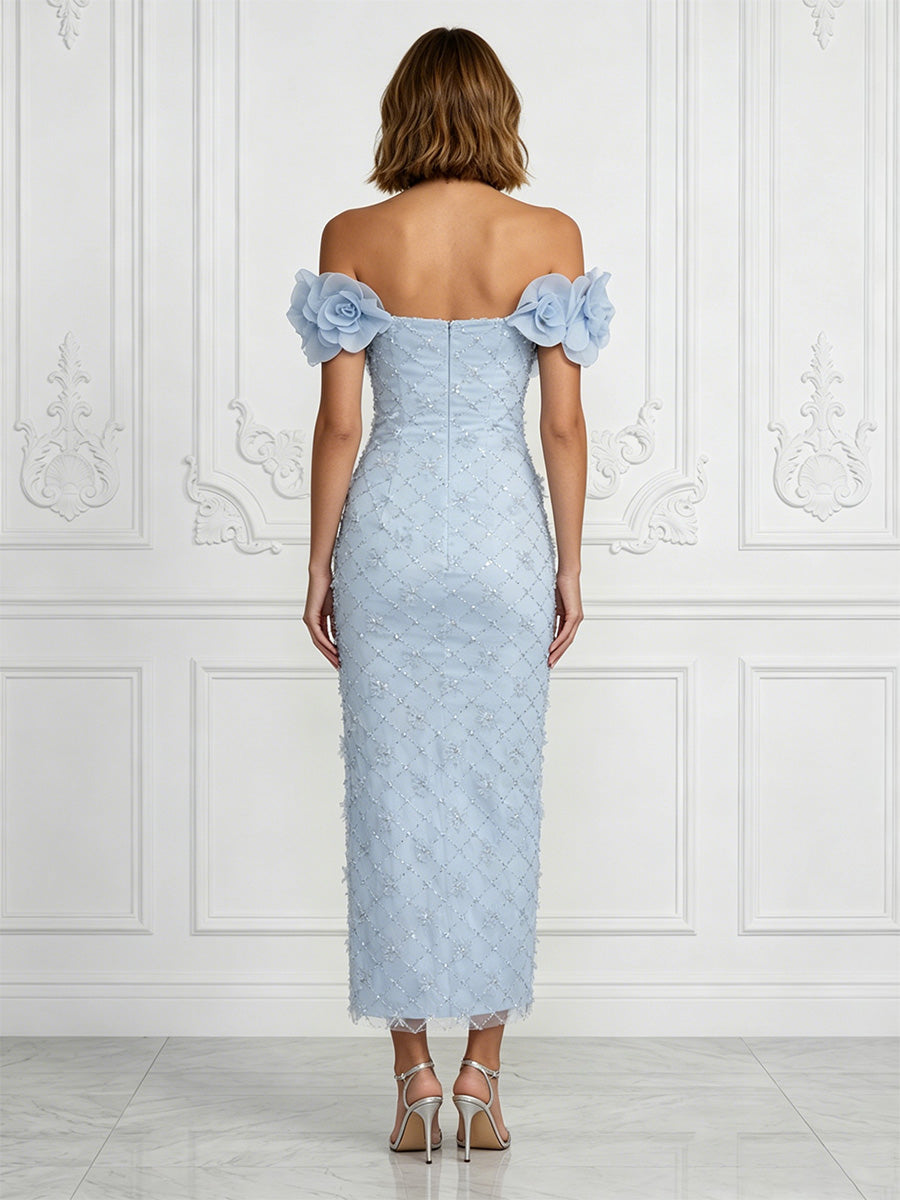 Sequin Sheath/Column Off Shoulder Tea-Length Cocktail Dresses with 3D Flowers