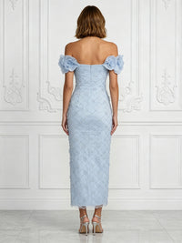 Sequin Sheath/Column Off Shoulder Tea-Length Cocktail Dresses with 3D Flowers
