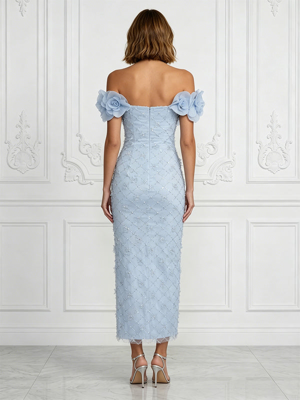 Sequin Sheath/Column Off Shoulder Tea-Length Cocktail Dresses with 3D Flowers
