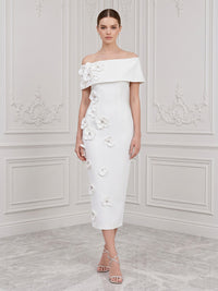 Stretch Mesh Sheath/Column Off Shoulder Tea-Length Cocktail Dresses with 3D Flowers
