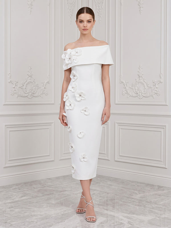 Stretch Mesh Sheath/Column Off Shoulder Tea-Length Cocktail Dresses with 3D Flowers