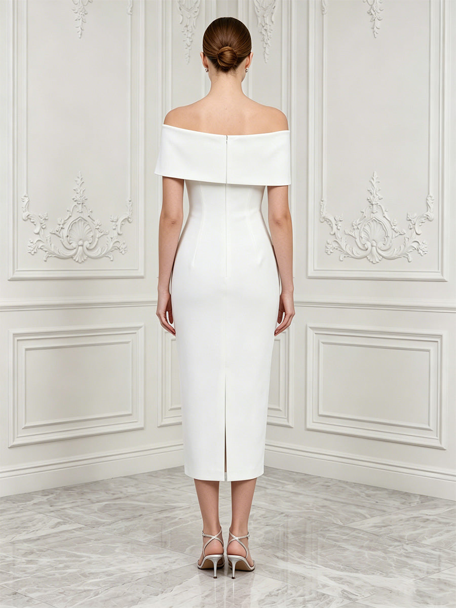 Stretch Mesh Sheath/Column Off Shoulder Tea-Length Cocktail Dresses with 3D Flowers