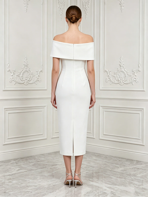 Stretch Mesh Sheath/Column Off Shoulder Tea-Length Cocktail Dresses with 3D Flowers