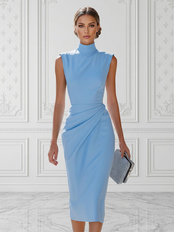 Stretch Mesh Sheath/Column High Neck Tea-Length Cocktail Dresses with Ruched Waist