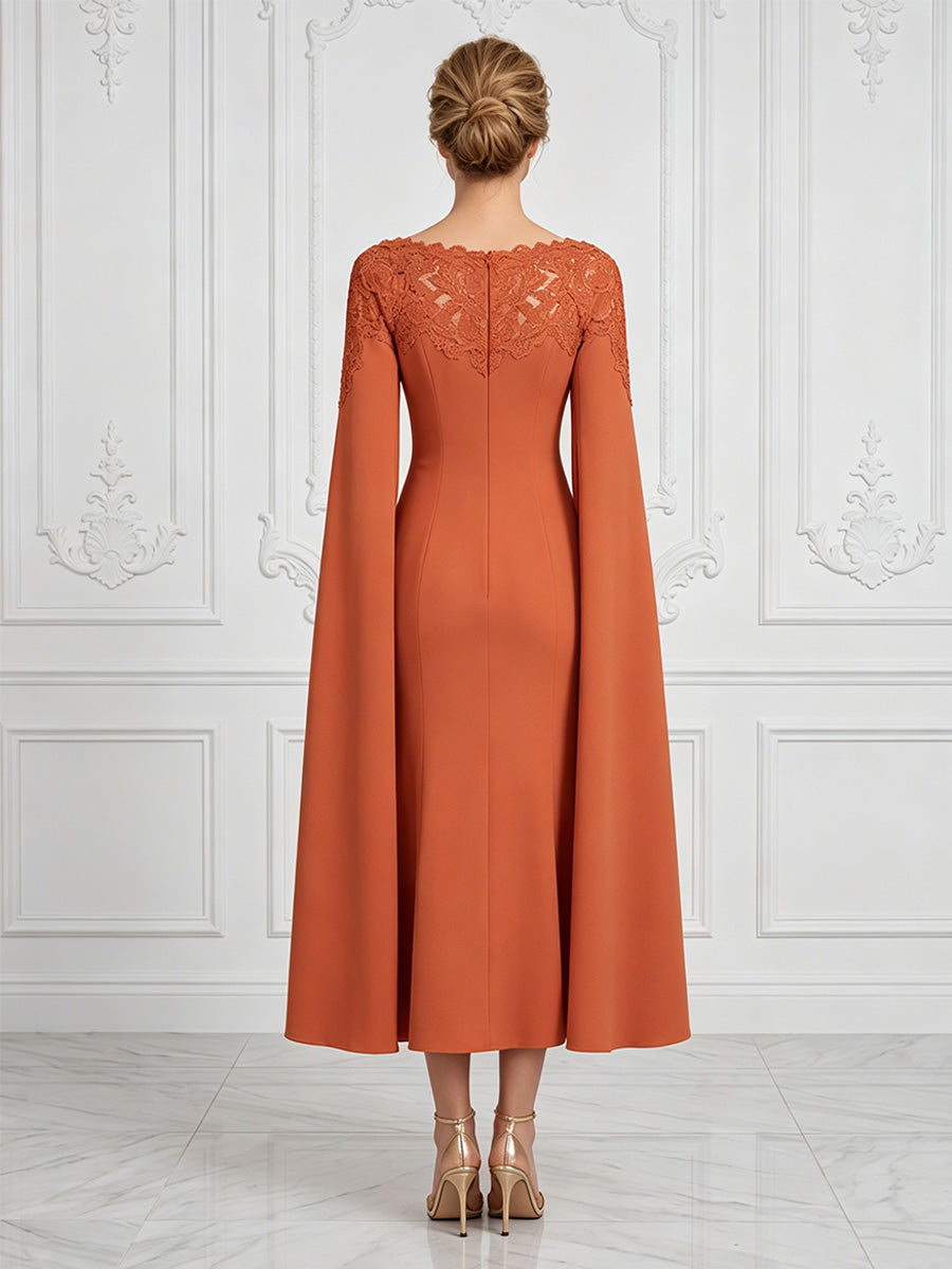 Stretch Mesh Sheath/Column Scoop Neck Tea-Length Cocktail Dresses with Lace