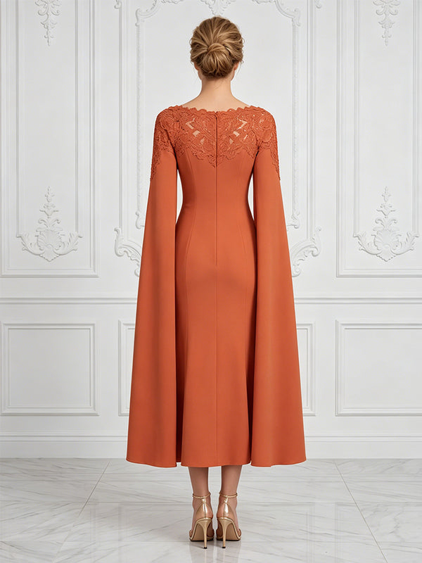Stretch Mesh Sheath/Column Scoop Neck Tea-Length Cocktail Dresses with Lace