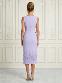 Stretch Mesh Sheath/Column Scoop Neck Tea-Length Cocktail Dresses with 3D Flowers