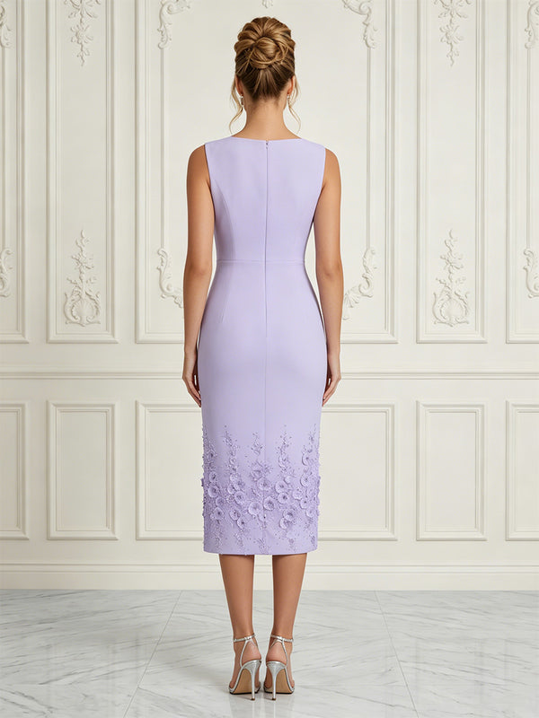 Stretch Mesh Sheath/Column Scoop Neck Tea-Length Cocktail Dresses with 3D Flowers