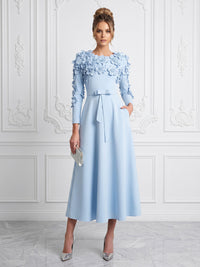 Stretch Mesh A-Line/Princess Scoop Neck Tea-Length Cocktail Dresses with 3D Flowers