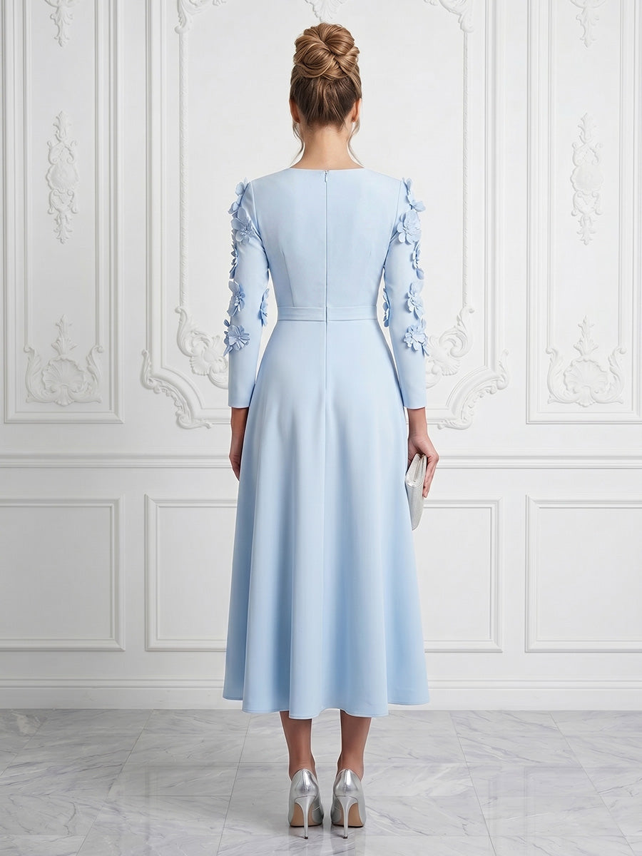 Stretch Mesh A-Line/Princess Scoop Neck Tea-Length Cocktail Dresses with 3D Flowers