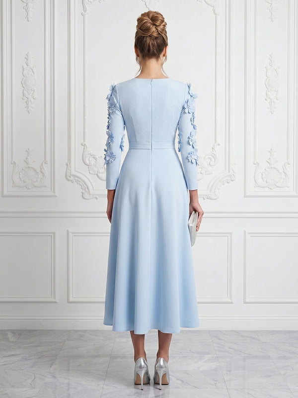 Stretch Mesh A-Line/Princess Scoop Neck Tea-Length Cocktail Dresses with 3D Flowers