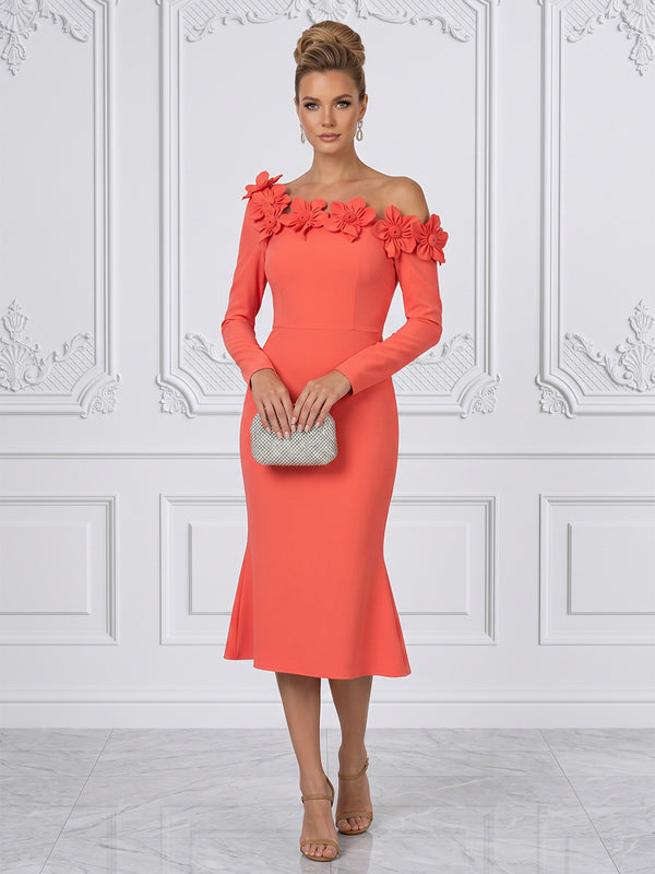 Stretch Mesh Mermaid/Trumpet Off Shoulder Tea-Length Cocktail Dresses with 3D Flowers