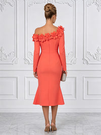 Stretch Mesh Mermaid/Trumpet Off Shoulder Tea-Length Cocktail Dresses with 3D Flowers