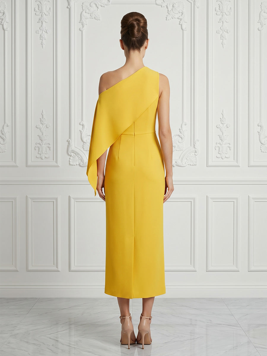 Stretch Mesh Sheath/Column Off Shoulder Tea-Length Cocktail Dresses with Pockets