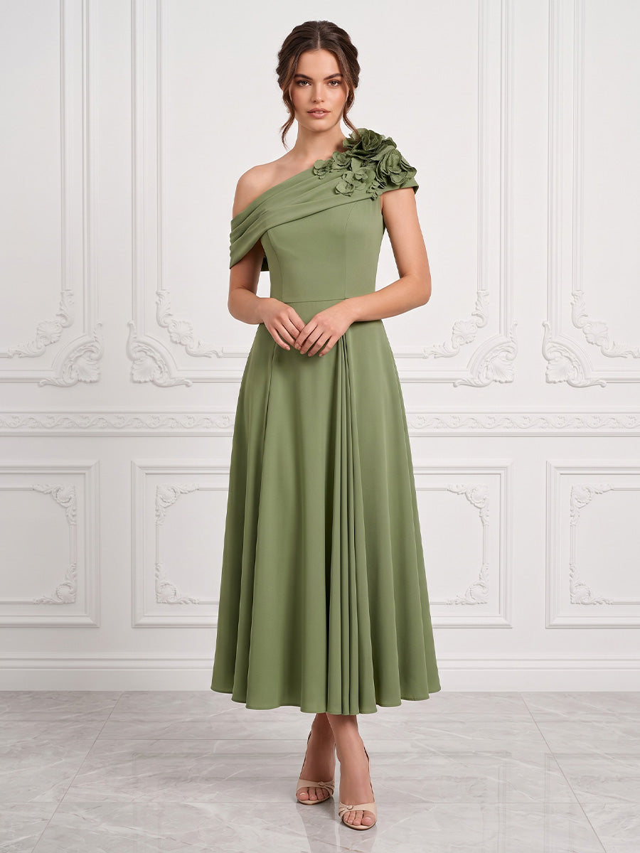 Chiffon A-Line/Princess Off Shoulder Tea-Length Cocktail Dresses with 3D Flowers & Pleats