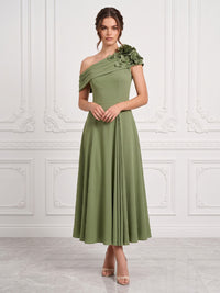 Chiffon A-Line/Princess Off Shoulder Tea-Length Cocktail Dresses with 3D Flowers & Pleats