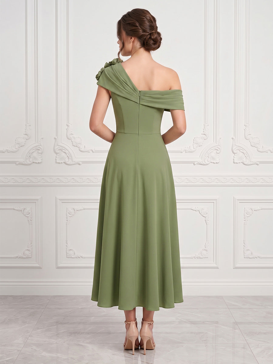 Chiffon A-Line/Princess Off Shoulder Tea-Length Cocktail Dresses with 3D Flowers & Pleats