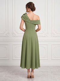 Chiffon A-Line/Princess Off Shoulder Tea-Length Cocktail Dresses with 3D Flowers & Pleats