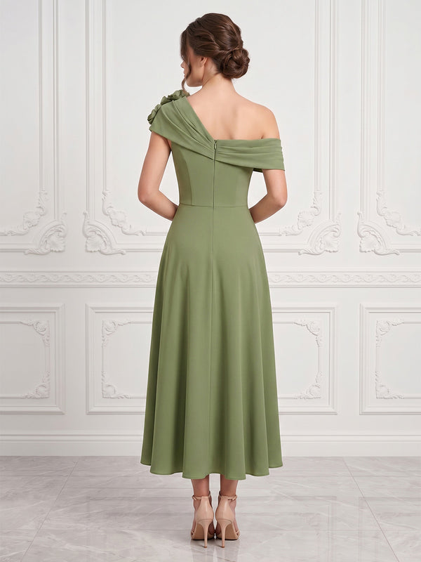 Chiffon A-Line/Princess Off Shoulder Tea-Length Cocktail Dresses with 3D Flowers & Pleats