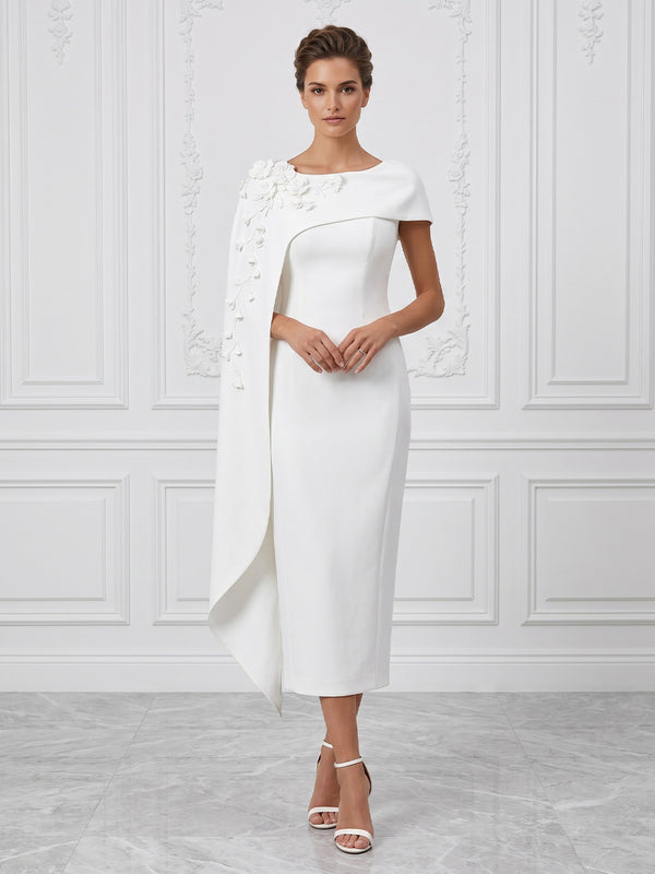 Stretch Mesh Sheath/Column Scoop Neck Tea-Length Cocktail Dresses with 3D Flowers