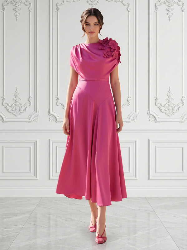 Satin A-Line/Princess Scoop Neck Tea-Length Cocktail Dresses with 3D Flowers