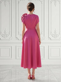 Satin A-Line/Princess Scoop Neck Tea-Length Cocktail Dresses with 3D Flowers