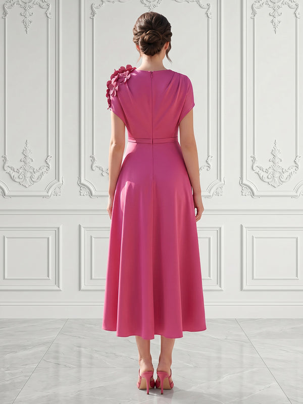 Satin A-Line/Princess Scoop Neck Tea-Length Cocktail Dresses with 3D Flowers