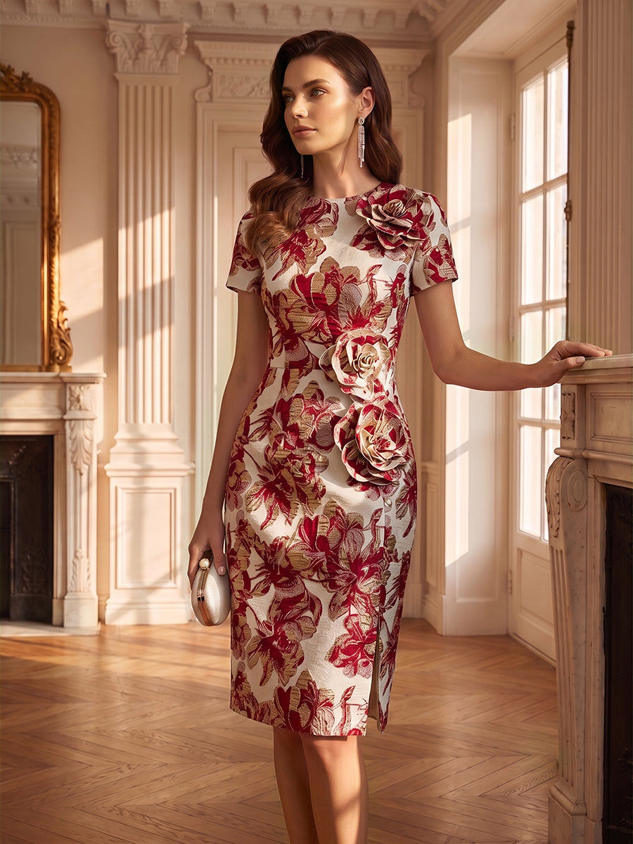 Jacquard Sheath/Column Scoop Neck Midi-Length Cocktail Dresses with 3D Flowers