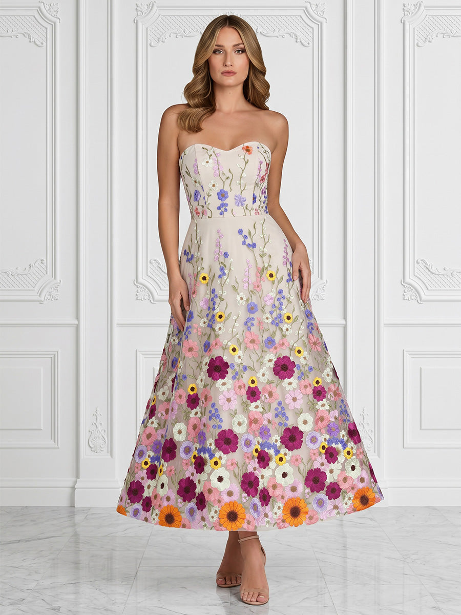 Lace Appliques A-Line/Princess Strapless Tea-Length Cocktail Dresses for Women