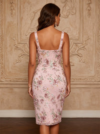 Sequin Floral Sheath/Column Square Neck Midi-Length Cocktail Dresses with Corset Bodice