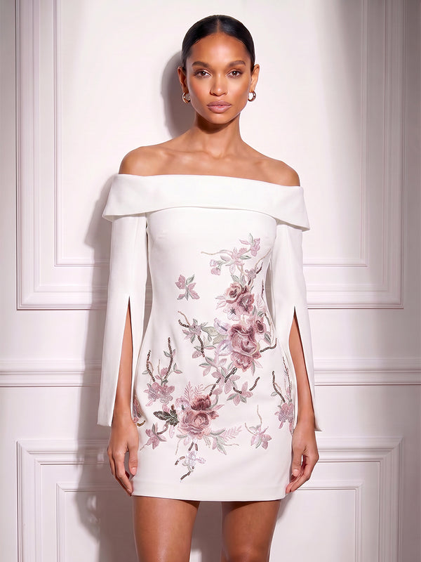 Stretch Mesh Bodycon Off Shoulder Short Cocktail Dresses with Floral Embroidery