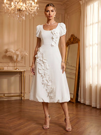 Stretch Mesh A-Line/Princess Scoop Neck Tea-Length Cocktail Dresses with 3D Flowers