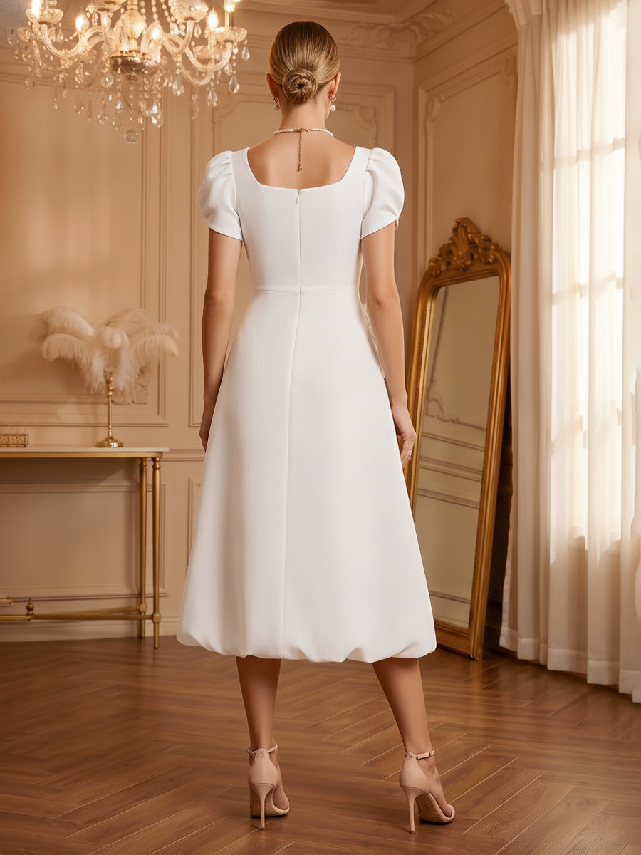 Stretch Mesh A-Line/Princess Scoop Neck Tea-Length Cocktail Dresses with 3D Flowers