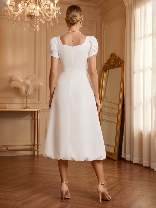 Stretch Mesh A-Line/Princess Scoop Neck Tea-Length Cocktail Dresses with 3D Flowers