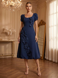 Stretch Mesh A-Line/Princess Scoop Neck Tea-Length Cocktail Dresses with 3D Flowers