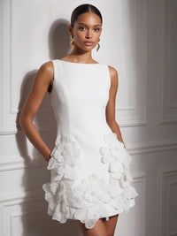 Stretch Mesh Bodycon Scoop Neck Short Cocktail Dresses with 3D Flowers