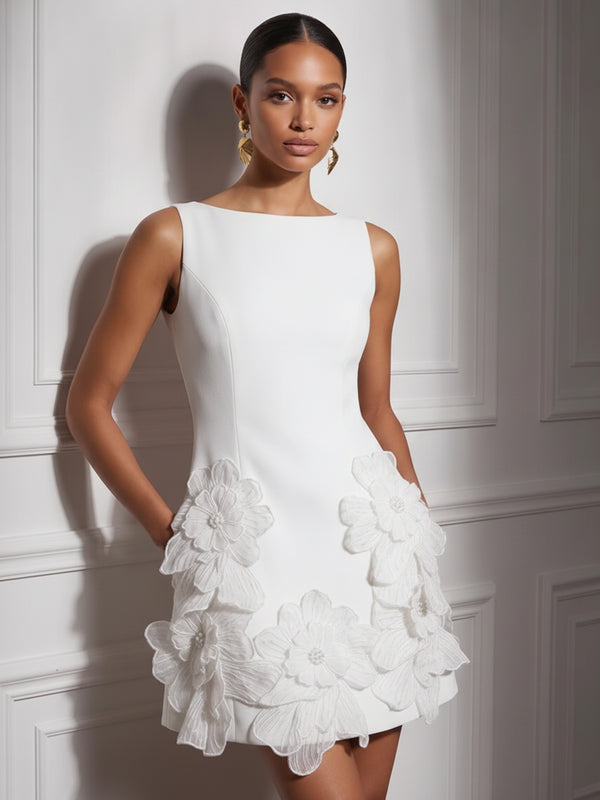 Stretch Mesh Bodycon Scoop Neck Short Cocktail Dresses with 3D Flowers