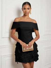 Stretch Mesh Bodycon Off Shoulder Short Cocktail Dresses with 3D Flowers
