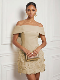 Stretch Mesh Bodycon Off Shoulder Short Cocktail Dresses with 3D Flowers