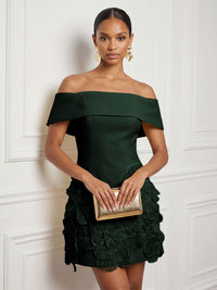 Stretch Mesh Bodycon Off Shoulder Short Cocktail Dresses with 3D Flowers