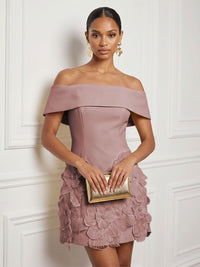 Stretch Mesh Bodycon Off Shoulder Short Cocktail Dresses with 3D Flowers