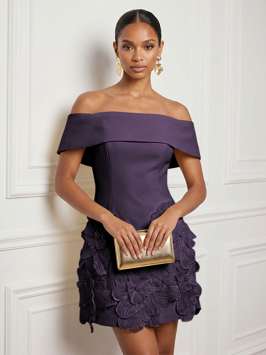 Stretch Mesh Bodycon Off Shoulder Short Cocktail Dresses with 3D Flowers