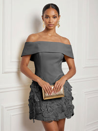 Stretch Mesh Bodycon Off Shoulder Short Cocktail Dresses with 3D Flowers