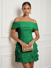 Stretch Mesh Bodycon Off Shoulder Short Cocktail Dresses with 3D Flowers