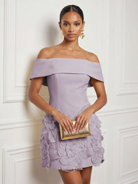 Stretch Mesh Bodycon Off Shoulder Short Cocktail Dresses with 3D Flowers